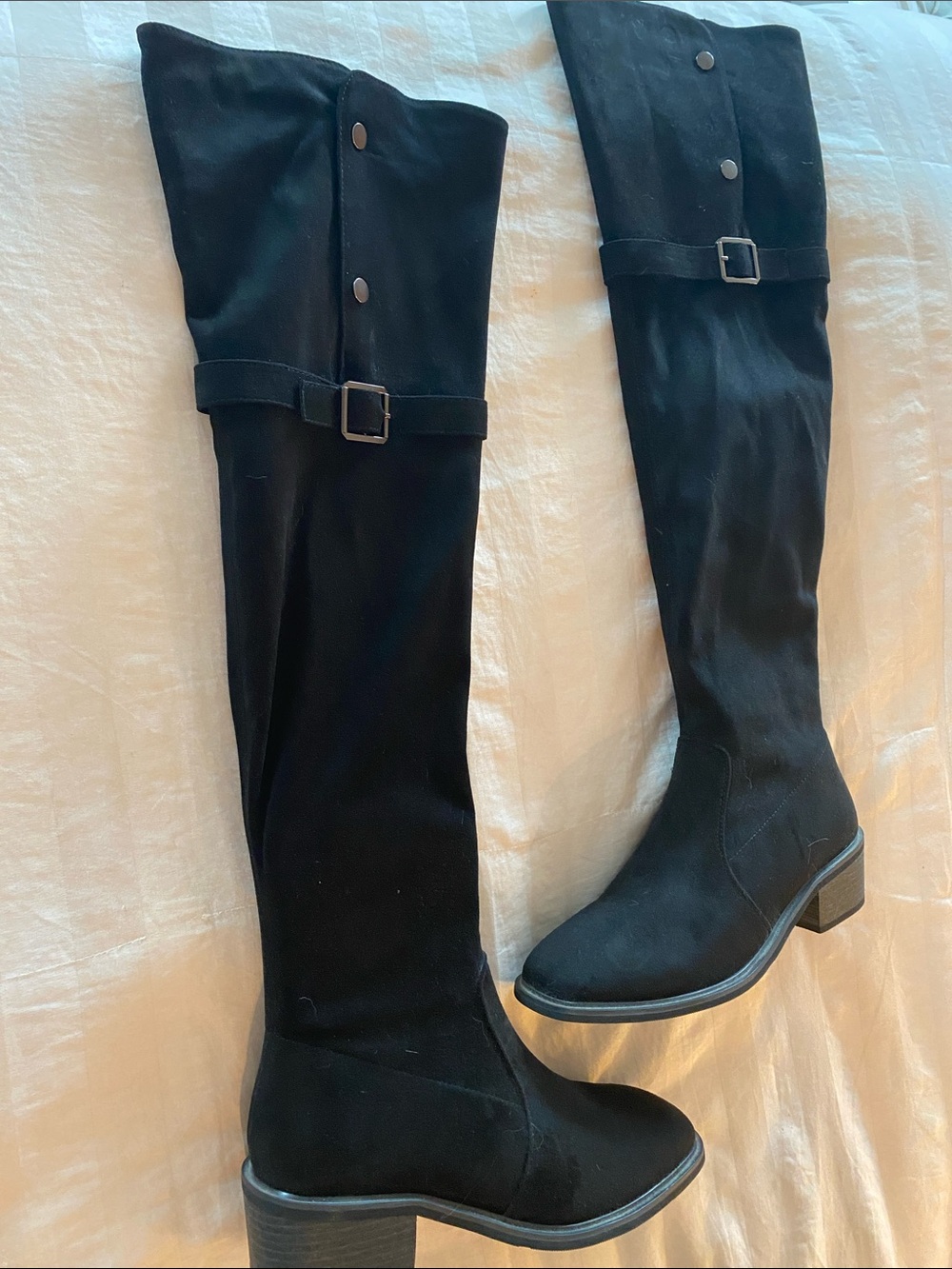 Over-the-Knee Black Suede Boots with Buckle Accent
